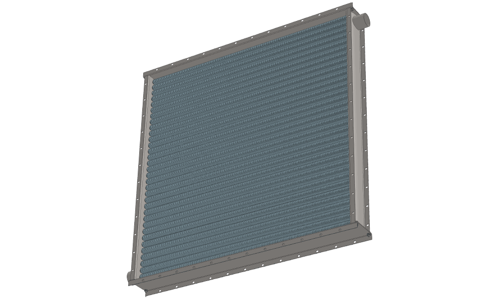 Приточный паровой нагреватель. Объем воздуха 24000 м3/час. Производительность 514 кВт. Габариты фронтального сечения 1500 х 1500 мм Чертеж парового воздухонагревателя. Вес 247 кг