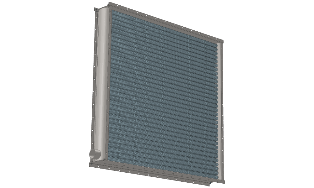 Калорифер с теплоносителем пар. Производительность воздуха 24000 м3/час. Мощность 568 кВт. Габаритные размеры 1572 х 1572 мм 3 d модель парового воздухонагревателя. Площадь теплообмена 92.5 м2