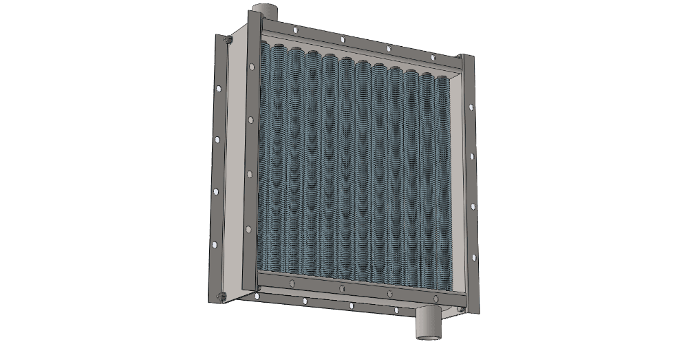 Приточный паровой нагреватель. Объем воздуха 2500 м3/час. Производительность 68 кВт. Габариты фронтального сечения 545 х 545 мм Чертеж парового воздухонагревателя. Вес 44 кг