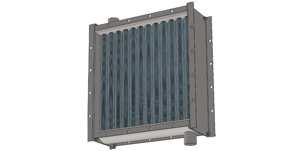 Калорифер с теплоносителем пар. Производительность воздуха 2500 м3/час. Мощность 75 кВт. Габаритные размеры 617 х 617 мм 3 d модель парового воздухонагревателя. Площадь теплообмена 12.0 м2