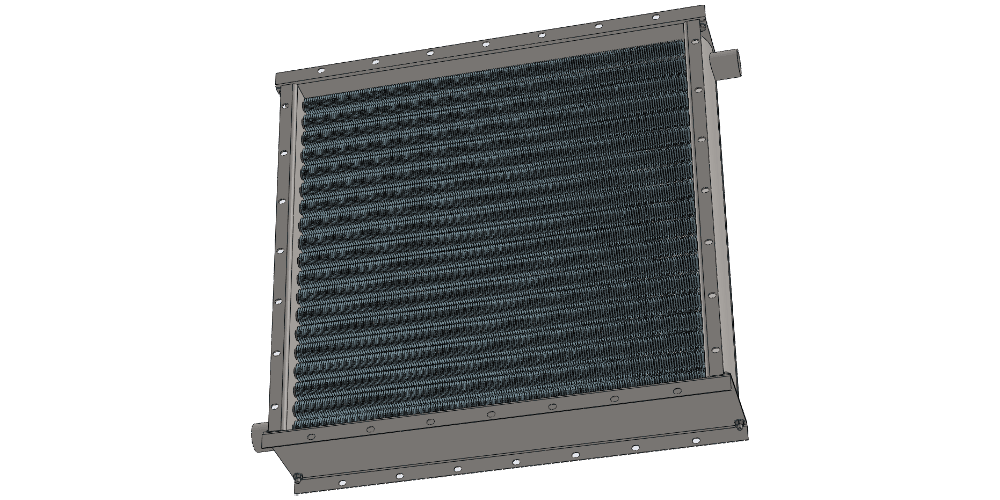 Калорифер с теплоносителем пар. Производительность воздуха 7000 м3/час. Мощность 192 кВт. Габаритные размеры 935 х 935 мм 3 d модель парового воздухонагревателя. Площадь теплообмена 30.4 м2