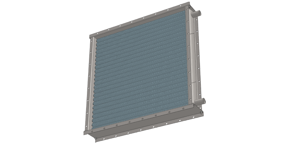 Водяной калорифер. Производительность по воздуху 11000 м3/час. Тепловая мощность 155 кВт. Внутренние габариты 958 х 958 мм 3 d модель водяного приточного калорифера. Масса 106 кг