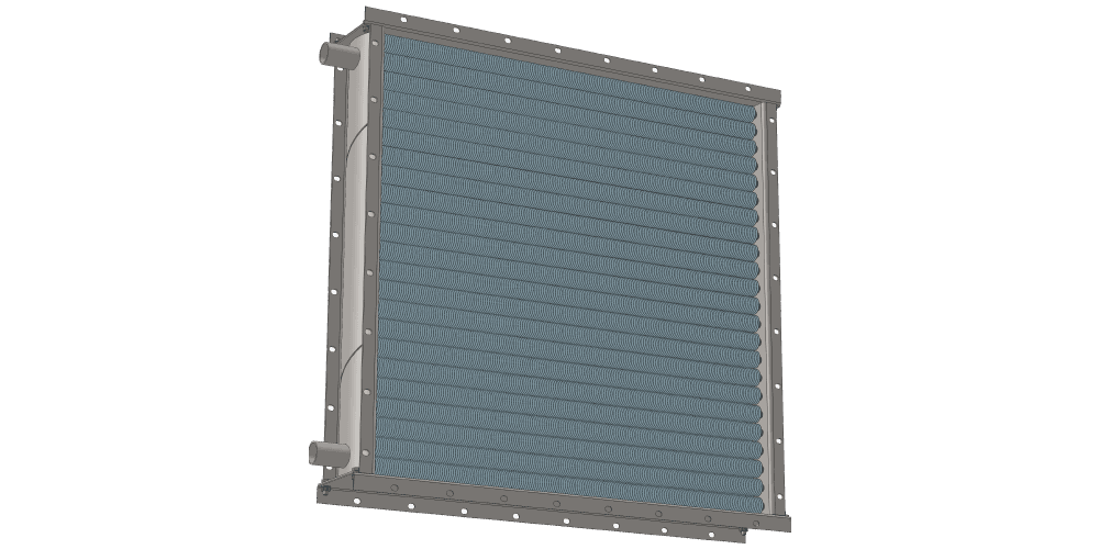 Водяной воздухонагреватель. Объем нагреваемого воздуха 11000 м3/час. Производительность по теплу 182 кВт. Габаритные размеры 1030 х 1030 мм Чертеж водяного теплообменника. Площадь поверхности теплообмена 50.9 м2