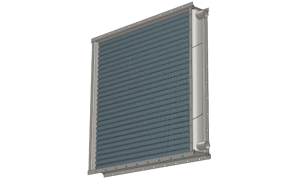 Водяной калорифер. Производительность по воздуху 15000 м3/час. Тепловая мощность 218 кВт. Внутренние габариты 1125 х 1125 мм 3 d модель водяного приточного калорифера. Масса 139 кг
