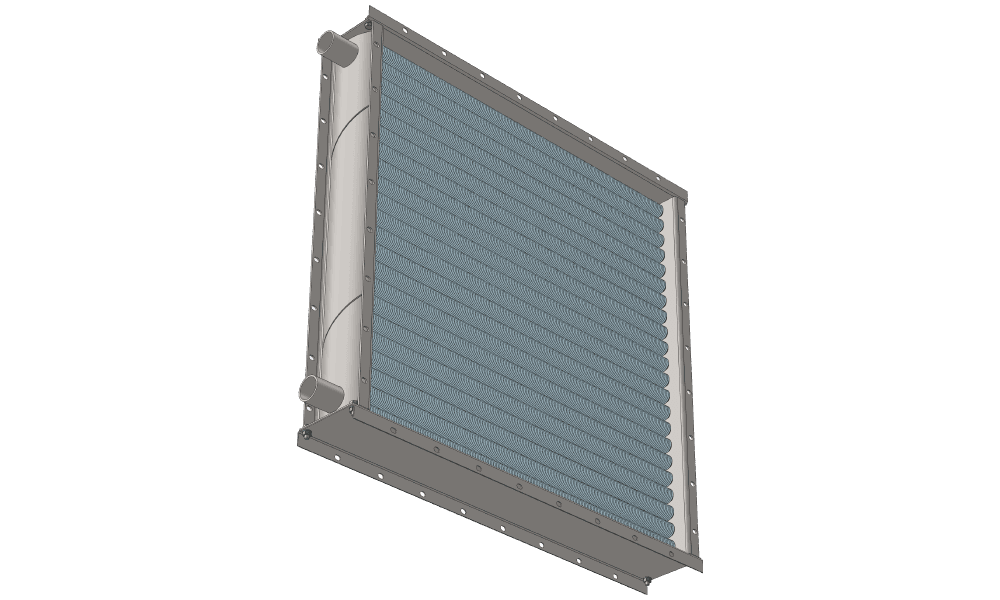 Воздухонагреватель. Объем приточного воздуха 10000 м3/час. Тепловая производительность 163 кВт. Габариты внутреннего сечения 1000 х 1000 мм Чертеж водяного воздухонагревателя. Вес 120 кг
