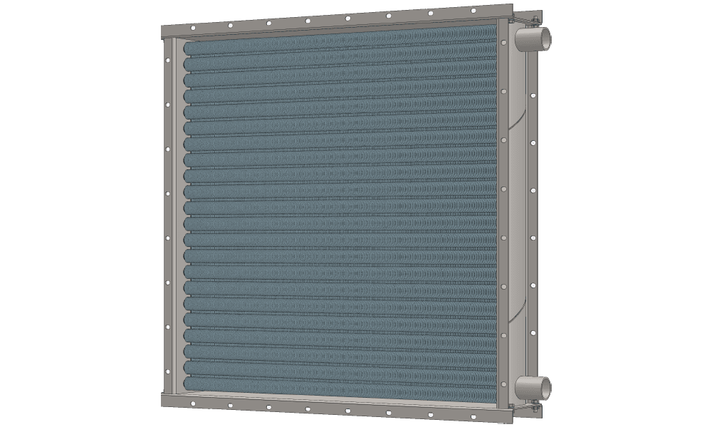 Калорифер. Объем нагреваемого воздуха 10000 м3/час. Мощность по теплу 196 кВт. Внешние габаритные размеры 1072 х 1072 мм 3 d модель воздухонагревателя. Площадь поверхности теплопередачи 43.7 м2