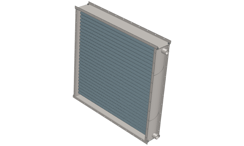 Калорифер. Объем нагреваемого воздуха 15000 м3/час. Мощность по теплу 297 кВт. Внешние габаритные размеры 1299 х 1299 мм 3 d модель воздухонагревателя. Площадь поверхности теплопередачи 66.0 м2