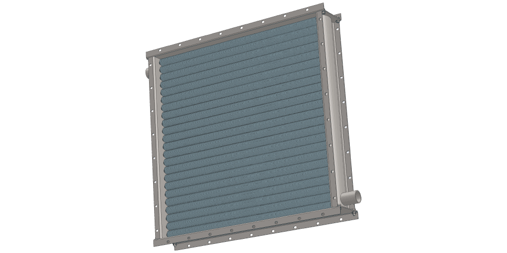 Паровой калорифер. Производительность по воздуху 11000 м3/час. Тепловая мощность 184 кВт. Внутренние габариты 958 х 958 мм 3 d модель парового приточного калорифера. Масса 106 кг