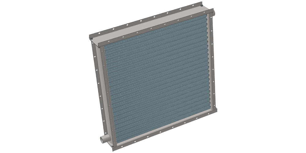 Паровой воздухонагреватель. Объем нагреваемого воздуха 11000 м3/час. Производительность по теплу 217 кВт. Габаритные размеры 1030 х 1030 мм Чертеж парового теплообменника. Площадь поверхности теплообмена 47.1 м2