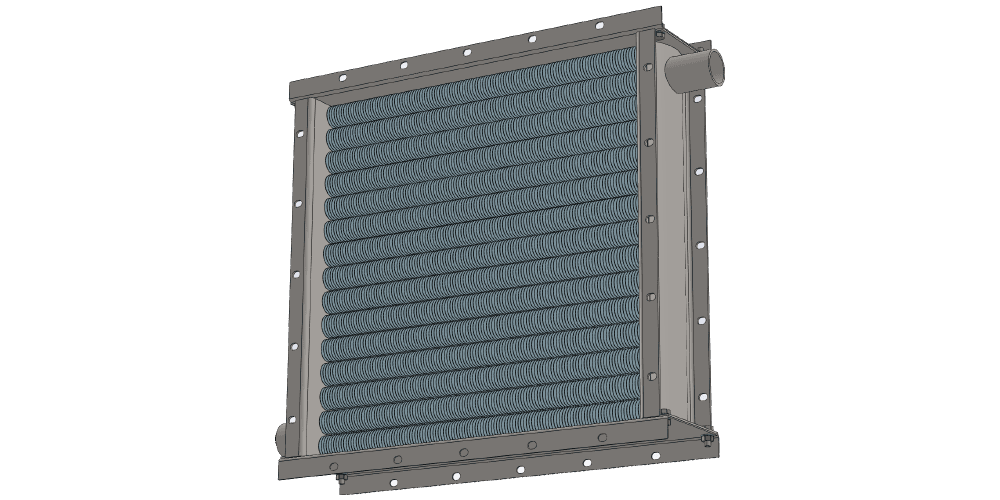 Паровой калорифер. Производительность по воздуху 4000 м3/час. Тепловая мощность 73 кВт. Внутренние габариты 625 х 625 мм 3 d модель парового приточного калорифера. Масса 52 кг
