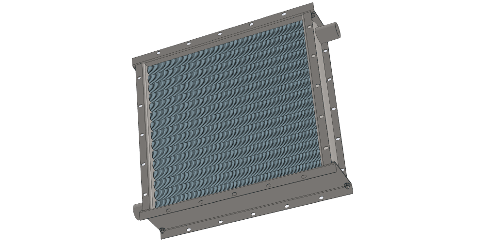 Паровой воздухонагреватель. Объем нагреваемого воздуха 4000 м3/час. Производительность по теплу 84 кВт. Габаритные размеры 697 х 697 мм Чертеж парового теплообменника. Площадь поверхности теплообмена 19.9 м2