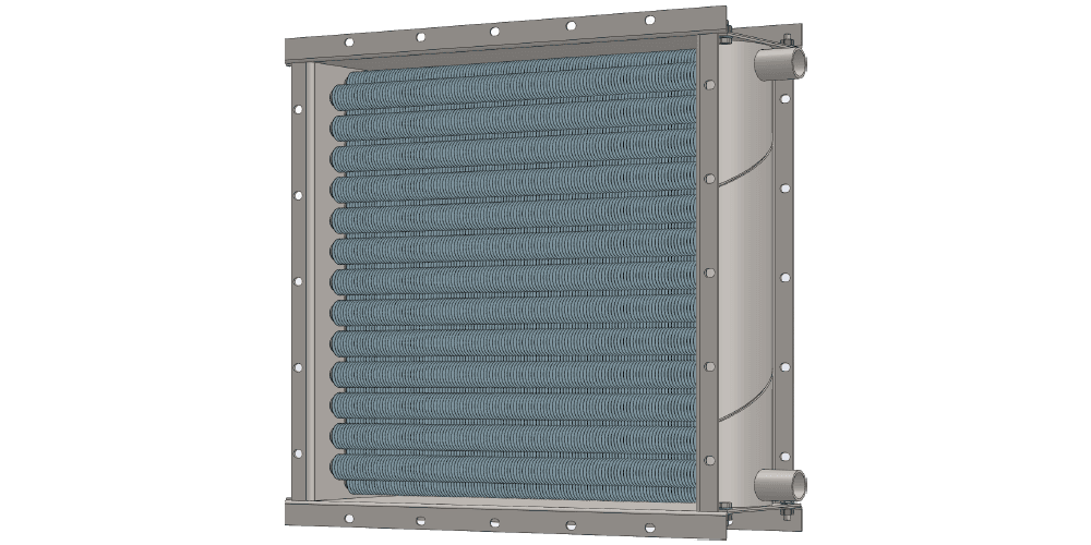 Калорифер. Объем нагреваемого воздуха 3500 м3/час. Мощность по теплу 70 кВт. Внешние габаритные размеры 708 х 708 мм 3 d модель воздухонагревателя. Площадь поверхности теплопередачи 17.5 м2